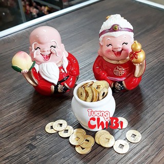 Bộ đôi tượng Bách Niên Giai Lão 7.5cm kèm chum vàng