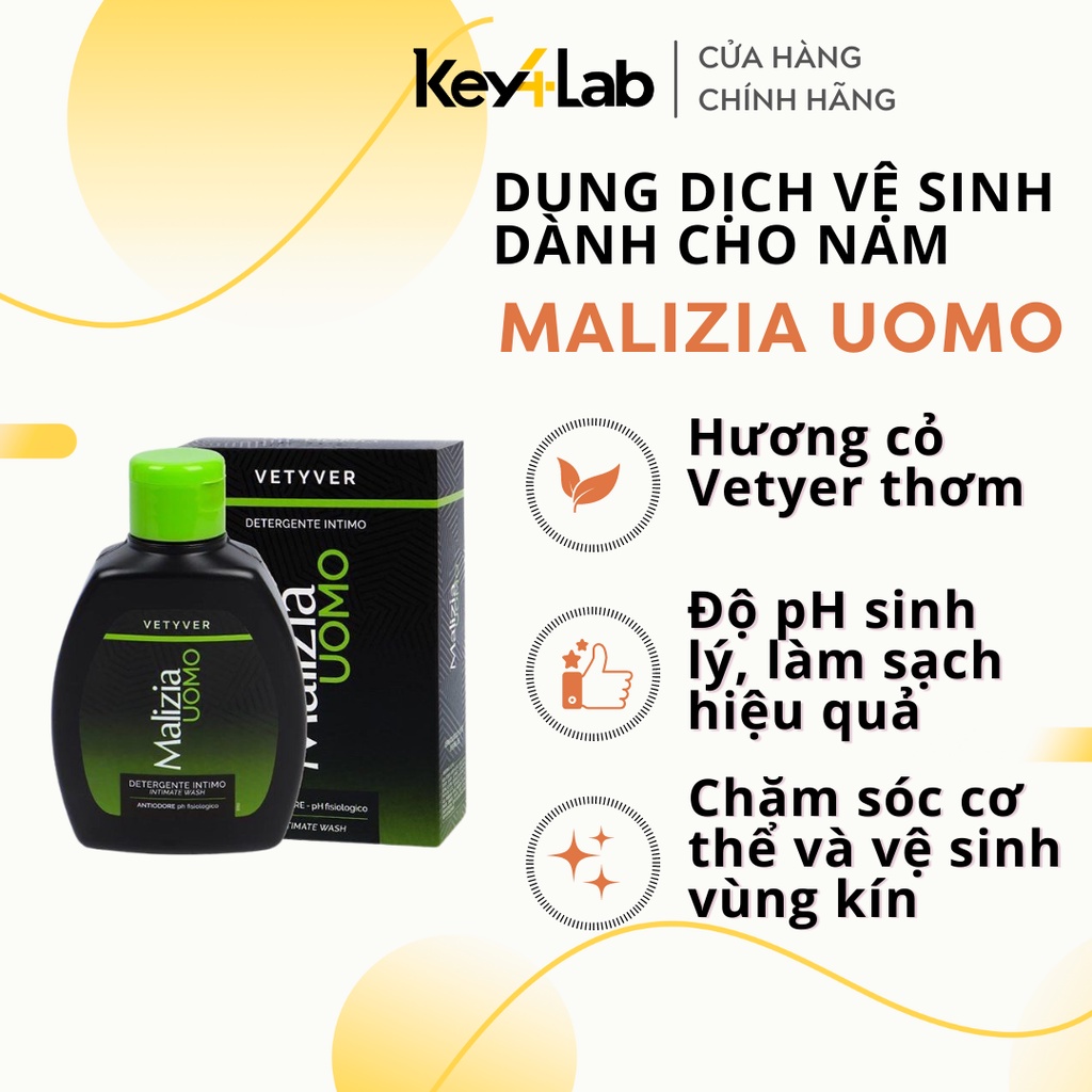 Dung Dịch Vệ Sinh Cậu Nhỏ Malizia UOMO Vetyver Italy Dành Cho Nam Hương Cỏ Thơm Ngăn Mùi Khó Chịu 200ml Key4 Lab