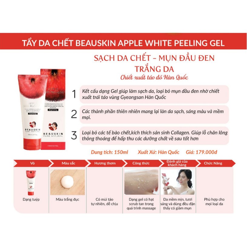 TẨY DA CHẾT SẠCH MỤN CÁM DA SÁNG MỊN DA BEAUSKIN APPLE WHITE PEELING GEl 150ML - HÀN QUỐC CHÍNH HÃNG