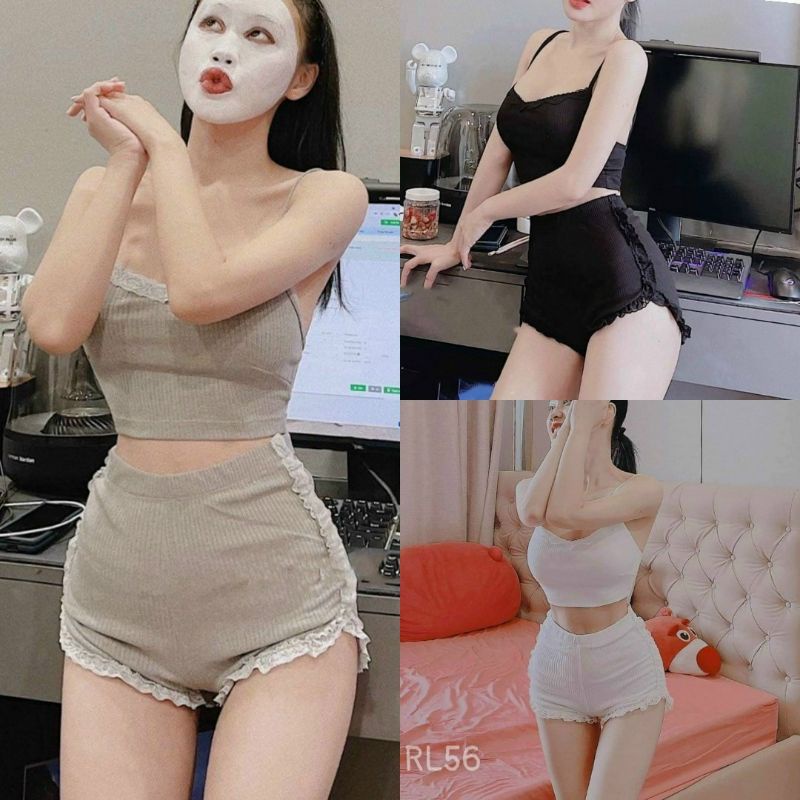 Sét bộ ngủ quần ren PC & áo 2 dây cổ tim croptop👯