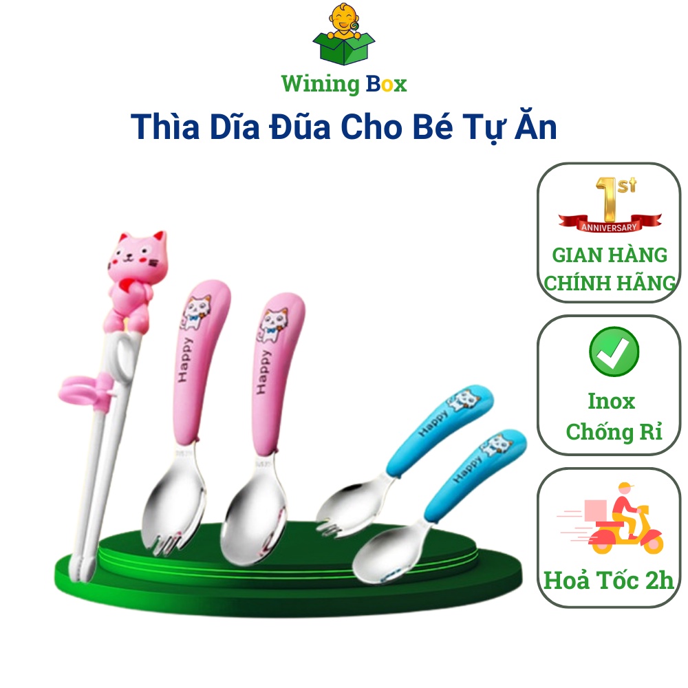 Set đũa tập gấp 3 món  inox kèm hộp đựng cho bé 2024 Winingbox