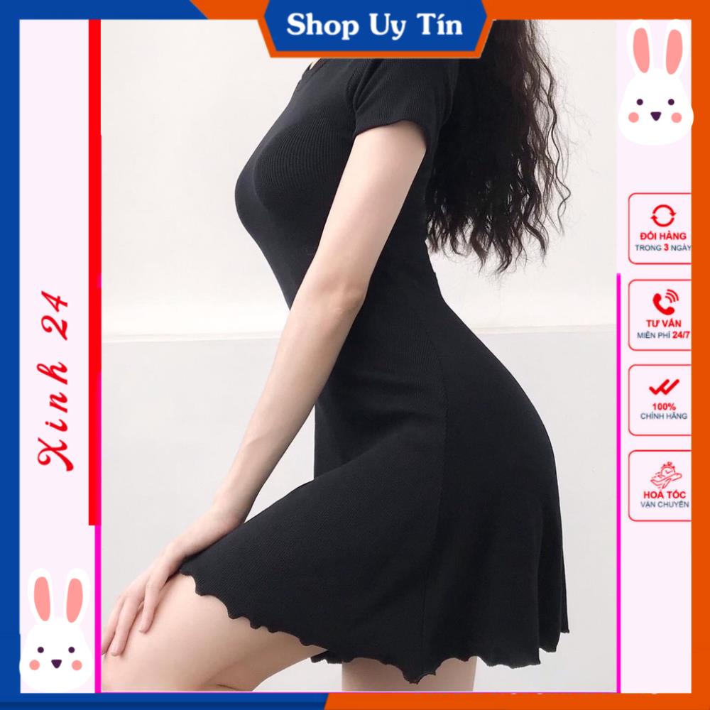 Đầm Nữ Body Đen Viền Bèo Váy Cộc Tay Xinh 24 Chất Thun Gân Dáng Ngắn thiết kế xinh xắn | BigBuy360 - bigbuy360.vn
