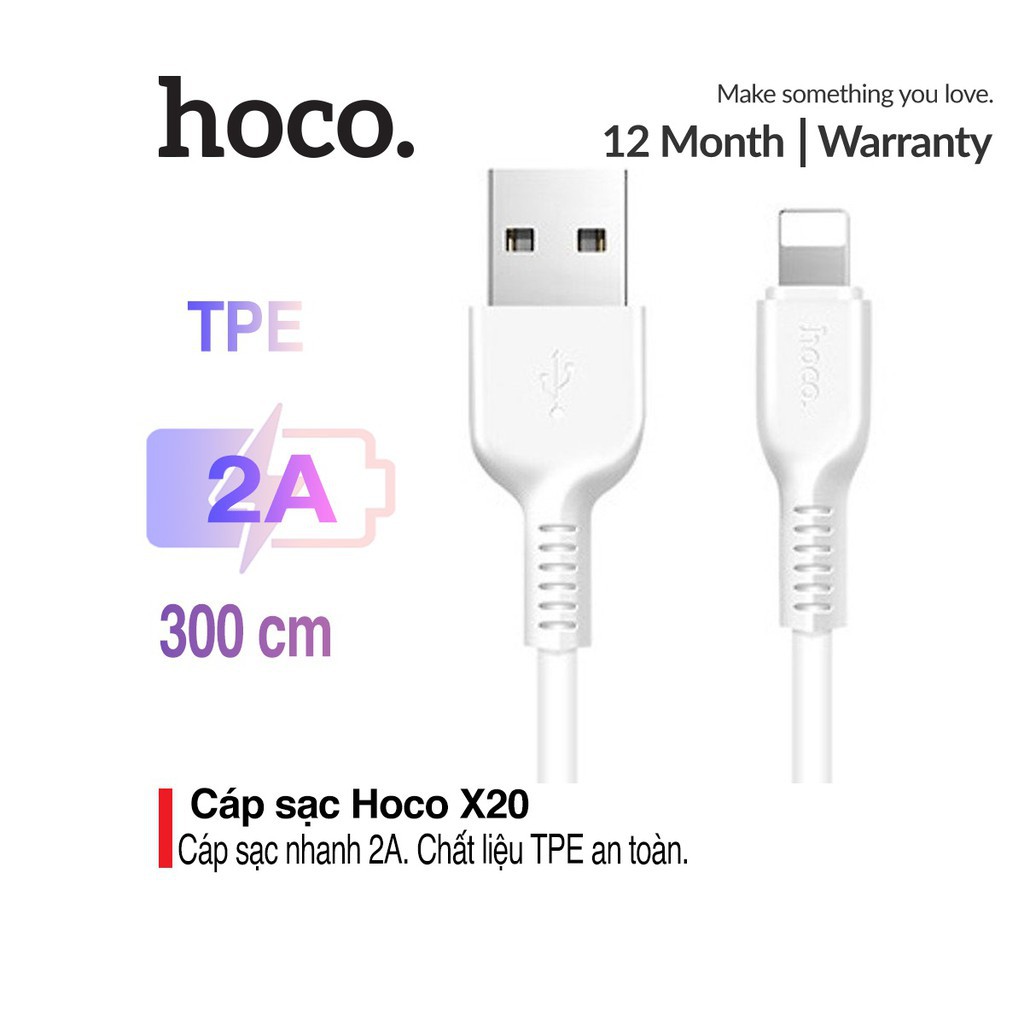 Cáp sạc nhanh 2A truyền dữ liệu Hoco X20 dây TPE chắc chắn dài 1M/2M/3M cho ip/tablet táo