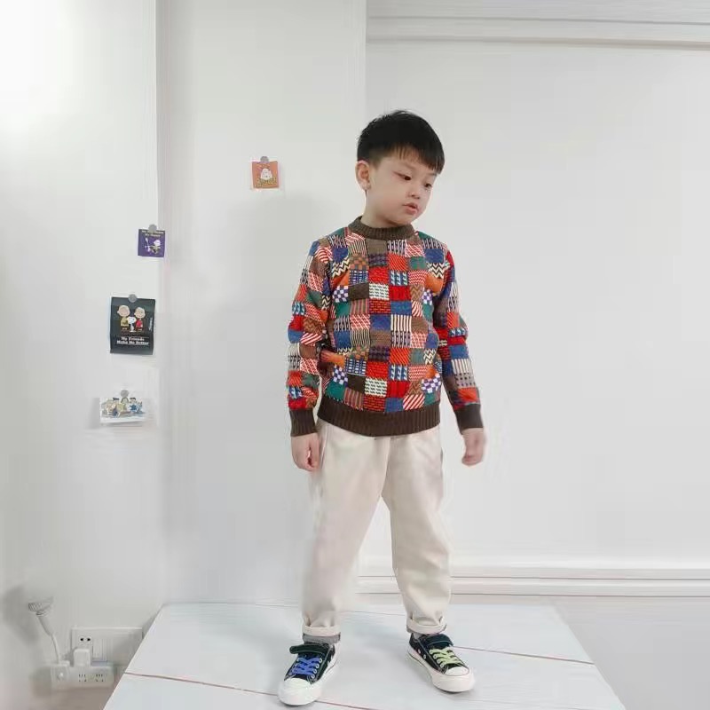 Áo len họa tiết kẻ ô to phối nhiều màu cho bé trai cao từ 110-160cm, nặng từ 14-40kg