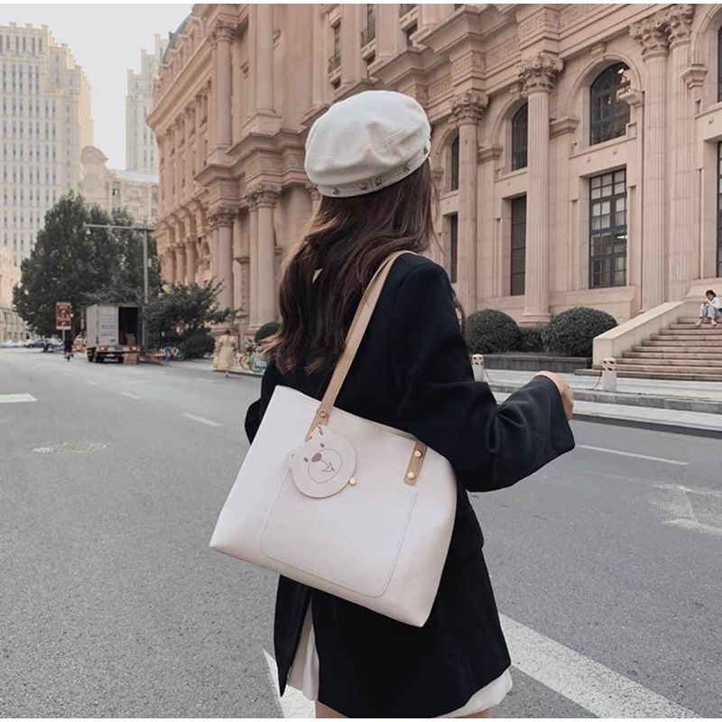 Túi Toe Đeo Vai Móc Gấu, Túi Xách Nữ Công Sở Du Lịch Size To