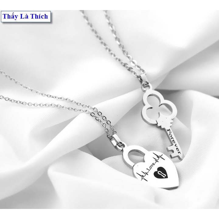 Dây chuyền cặp ổ khóa hình trái tim Love và chìa khóa khắc chữ Forever - Giá bán như trên là 1 cặp = 2 sợi mặt như hình