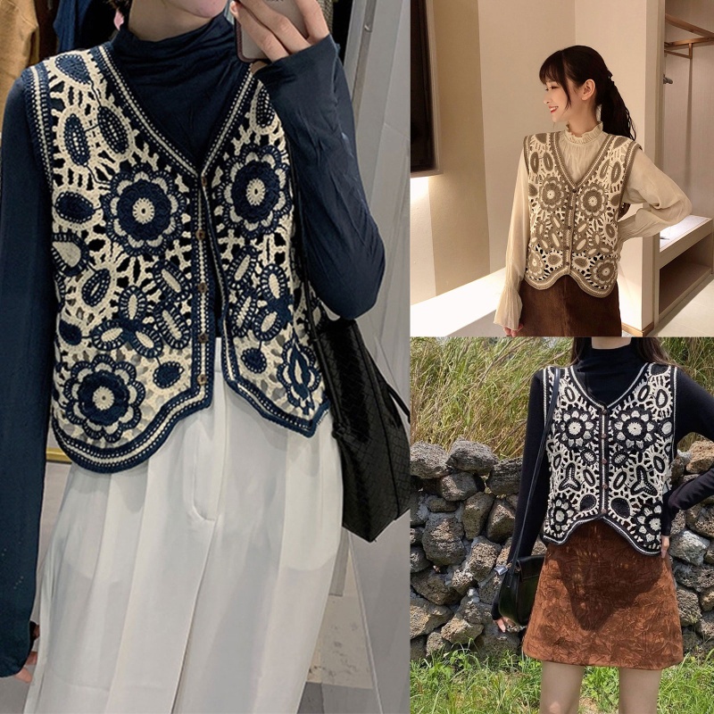 Áo Khoác Cardigan Dệt Kim Sát Nách Cài Nút In Họa Tiết Hoa Thời Trang Cho Nữ