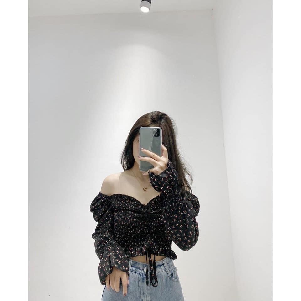 Áo croptop hoa nhí vintage chun bồng tay dài trễ Vai Thời Trang loại 1
