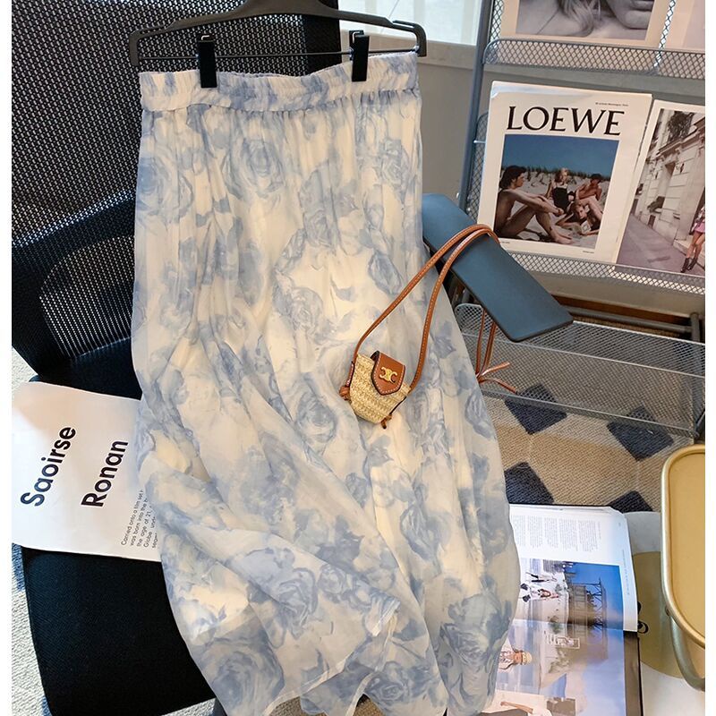 Chân Váy Chữ a Dài Lưng Cao Dáng Rộng Chất Liệu Chiffon In Họa Tiết Hoa Thời Trang Mùa Hè Cho Nữ