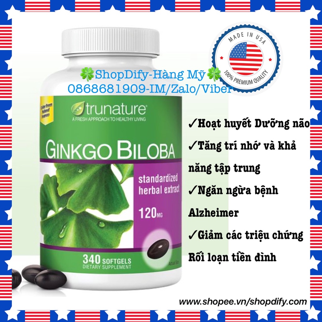 Ginkgo Biloba Trunature 120mg 340 viên của Mỹ, Viên uống Bổ não, Tuần hoàn não, Giảm rối loạn Tiền đình, Tăng trí nhớ