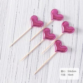 Phụ kiện trang trí bánh sinh nhật_Set 5 que tim bóng hồng đậm MỚI