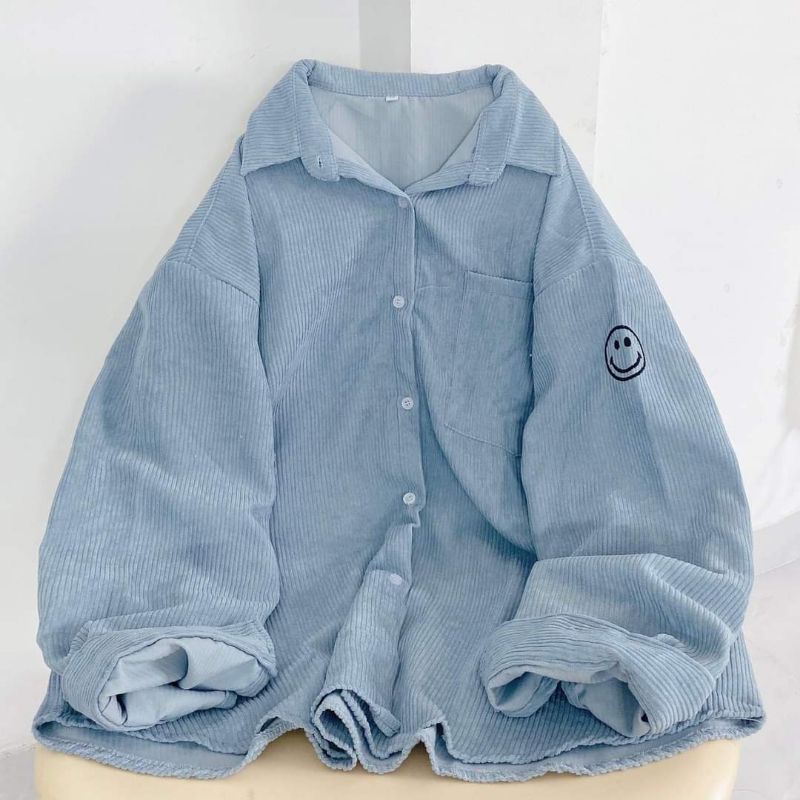 Áo Sơ Mi Nữ ,Áo Khoác Dài Tay Oversize Form Rộng Thêu Hình Mặt Cười Chất Vải Nhung Tăm Nhiều Màu