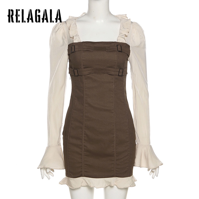 Đầm Relagala tay dài xếp nếp lưng cao ôm dáng màu trơn thời trang cho nữ