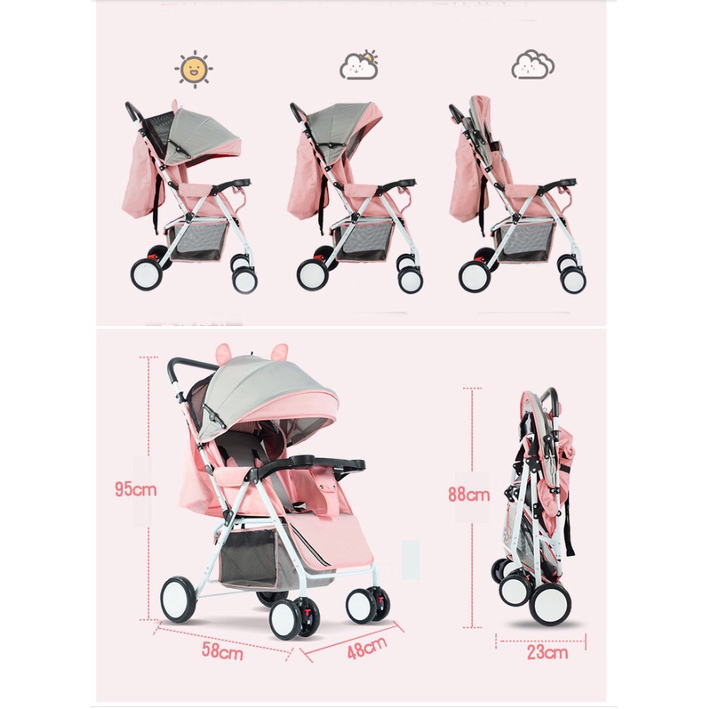 Xe Đẩy cho bé ,Xe Đẩy Em Bé 2 Chiều 3 Tư Thế Gấp Gọn, Bánh Xe Chống Sốc