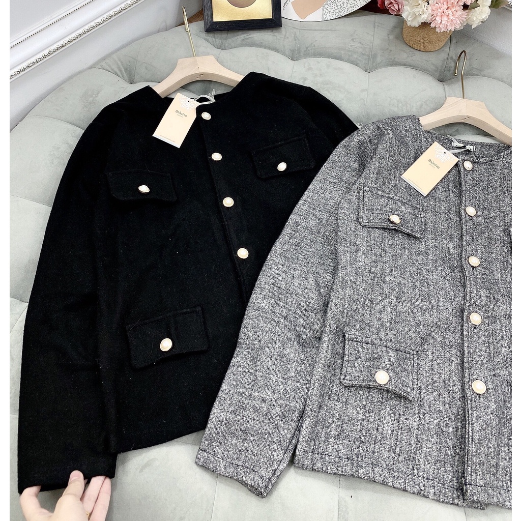 Áo dạ nữ tiêu túi cúc ngọc 2 màu sang chảnh. Chất liệu dạ dày dặn, mềm mịn, dáng đứng hàng QC L1. | BigBuy360 - bigbuy360.vn