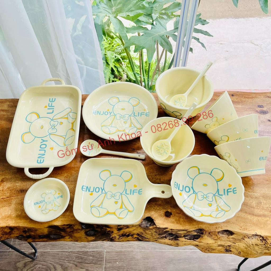 Bát Đĩa Gốm Sứ Decor, Bát Ăn Cơm, Bát Ăn Chè, Chén Dĩa Dễ Thương  Bộ Bát Đĩa Gấu Vàng Xanh Xinh Yêu Gomsudecor21