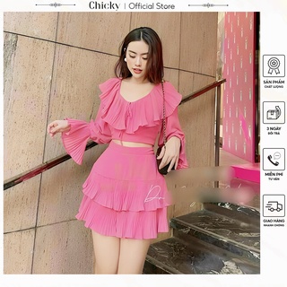 Set áo và chân váy áo crotop trễ vai tay dài phối với chân váy dập ly sang chảnh