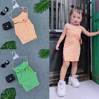 Đầm body sọc hai dây khoét hong xẻ tà cho bé gái chất thun cotton mềm mại