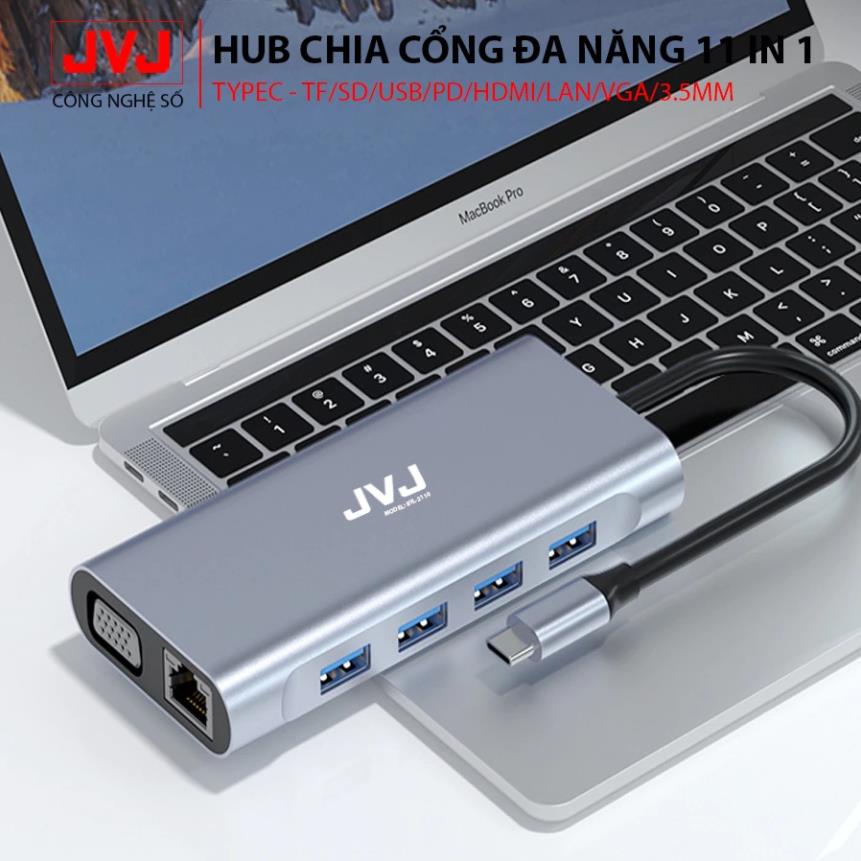Hub chuyển đổi Macbook JVJ C11 cổng TypeC 11in1 sáng HDMI 4K, VGA, USB - C 3.0, cổng lan RJ45, TypeC 3.5mm BH 2 năm1đổi1 | BigBuy360 - bigbuy360.vn
