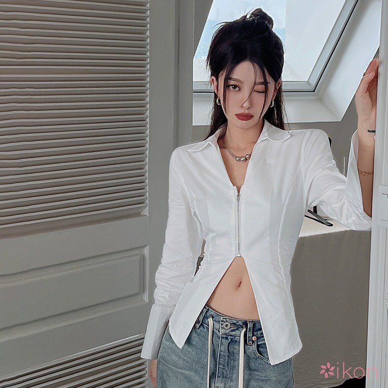 Áo Sơ Mi Màu Sắc Trơn Dáng Ôm Xẻ Tà Thời Trang Hàn Quốc Cho Nữ