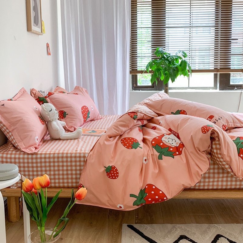 Set chăn ga gối cotton poly - Dâu tây Nhật ( không kèm ruột )