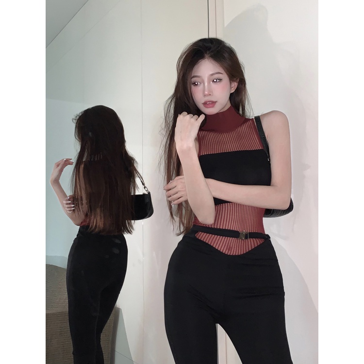 QKOOLE Áo croptop  dệt kim không tay cổ cao phong cách Hàn Quốc quyến rũ cho nữ