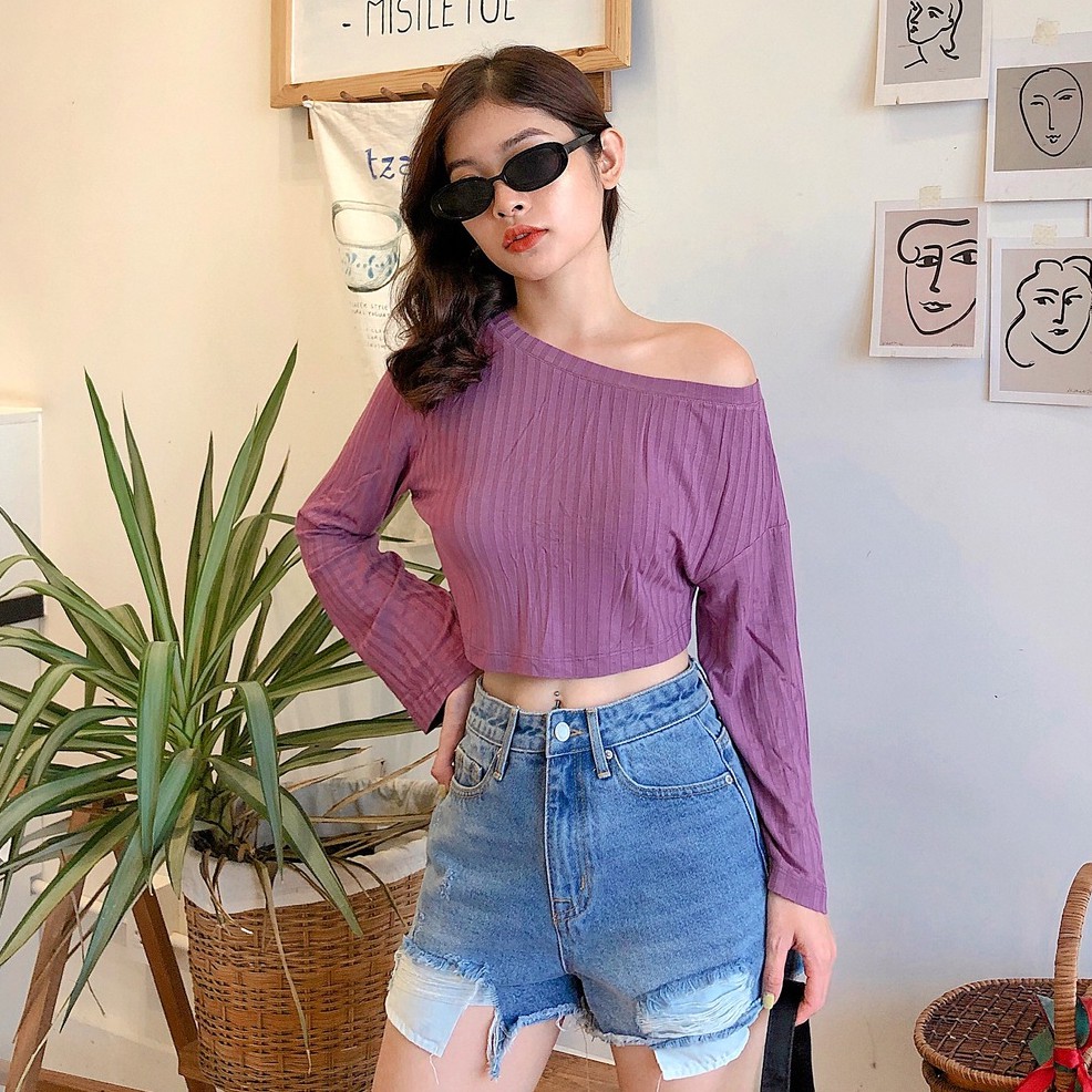 Áo thun lệch vai (Tím / Xanh cốm) - GM26