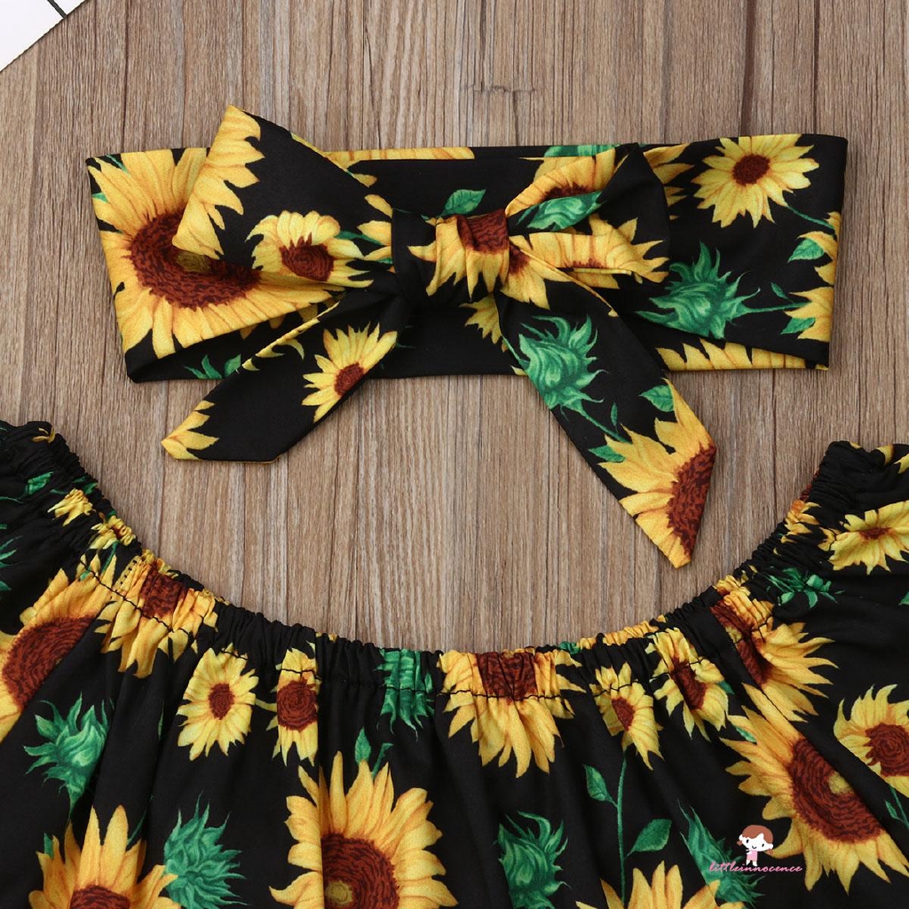 Set áo trễ vai tay ngắn in hình hoa hướng dương + quần denim + băng đô thời trang mùa hè cho bé gái