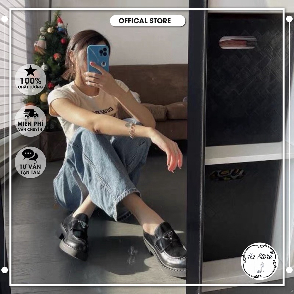 👠👟 Giày lười prada da lì gót vuông fullbox ⚡