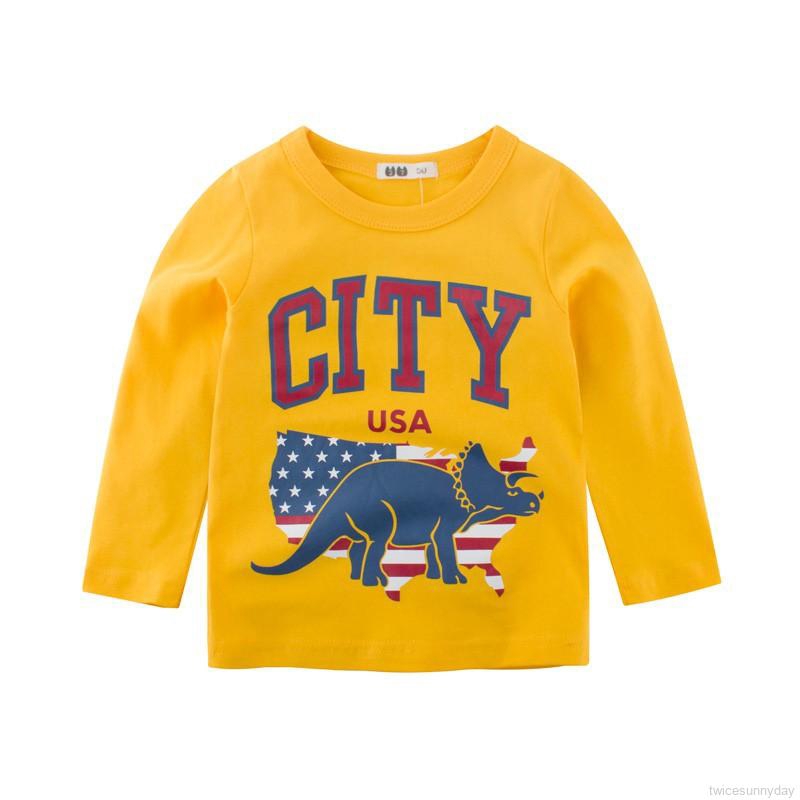 Áo thun tay dài cổ tròn in chữ và hình khủng long xinh xắn cho bé trai