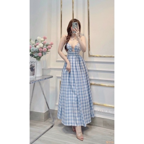 Đầm maxi caro hai dây khoét ngực thắt nơ lưng có mút ngực