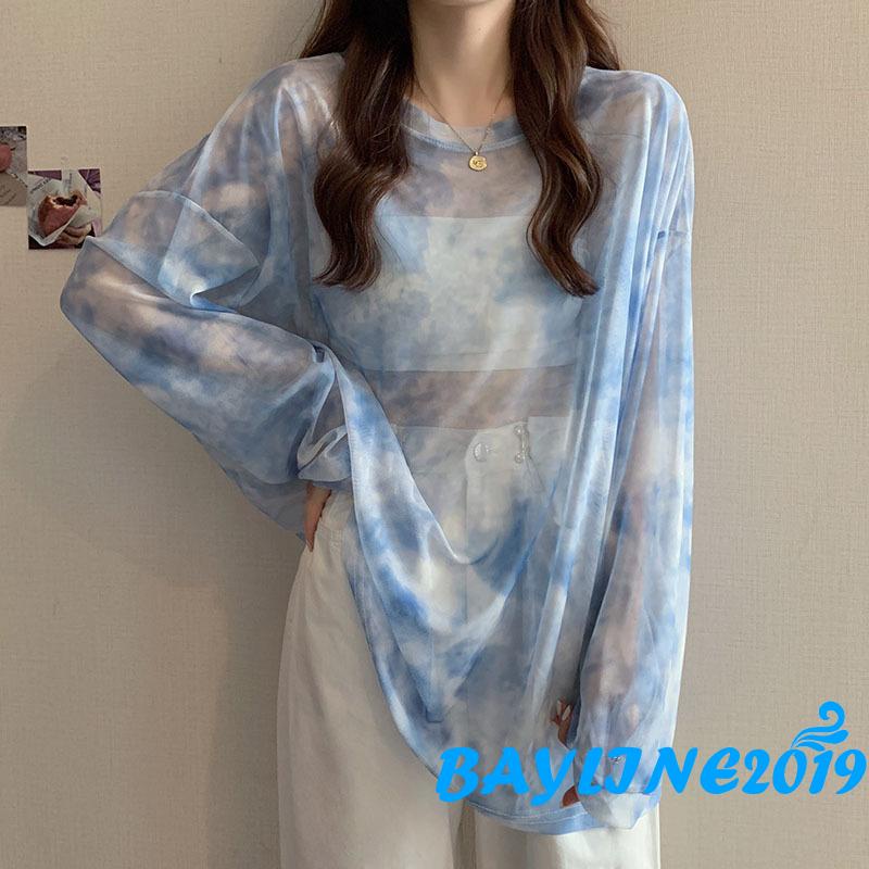 Áo Thun Tay Dài Cổ Tròn Xuyên Thấu Họa Tiết Màu Loang Thời Trang Đường Phố Cho Nữ