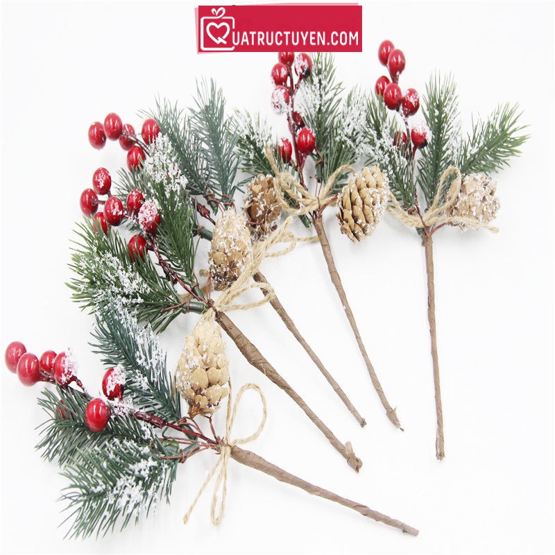 Cành thông trang trí giáng sinh Noel, cành lá thông quả đỏ DIY làm quà tặng handmade