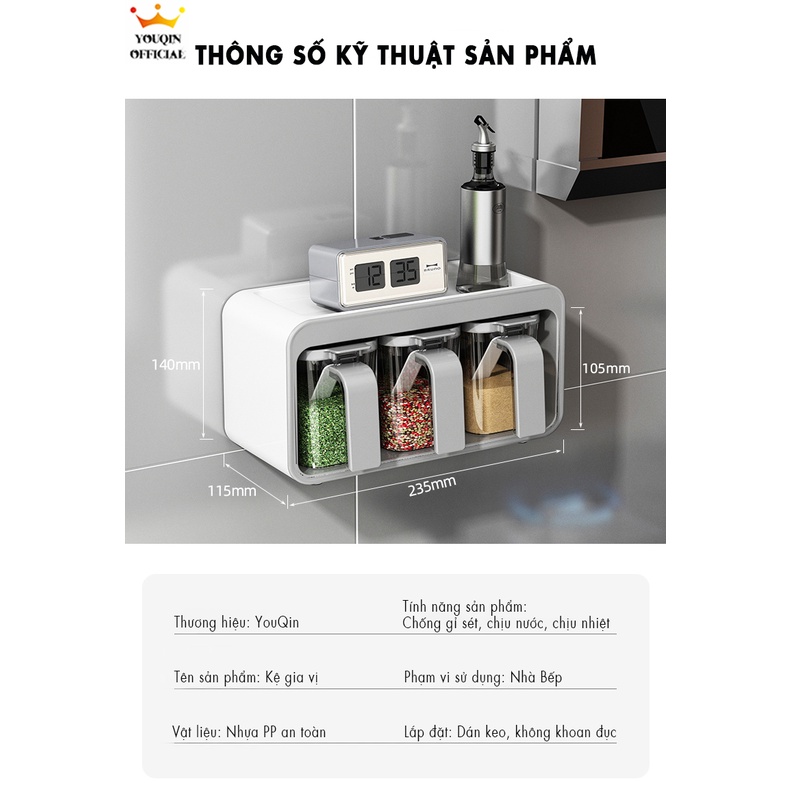 Hộp Đựng Gia Vị Dán Tường Nhà Bếp - YouQin, Bộ 3 Hộp, Chất Liệu Nhựa, Dán Keo Siêu Chắc, Không Khoan Tường