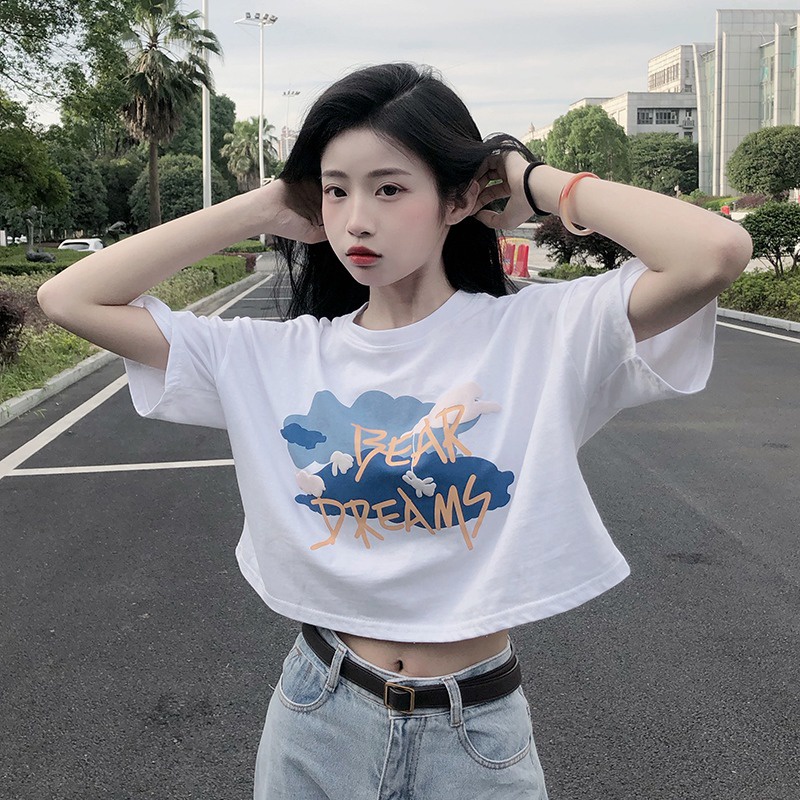 Áo Croptop Tay Ngắn In Họa Tiết Phong Cách Hàn Quốc Thời Trang Mới 2022