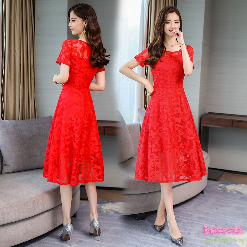 Đầm Midi Nữ Tay Ngắn Phối Ren Màu Đỏ Đen & Xanh Thời Trang