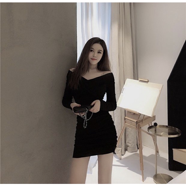 Đầm ôm body đen bẹt trễ hở vai tay dài tôn dáng sexy ulzzang