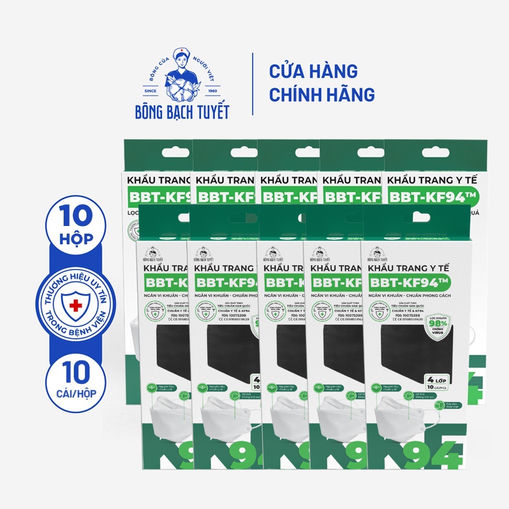Combo 10 Hộp Khẩu trang Bông Bạch Tuyết KF94 4 lớp - Đen