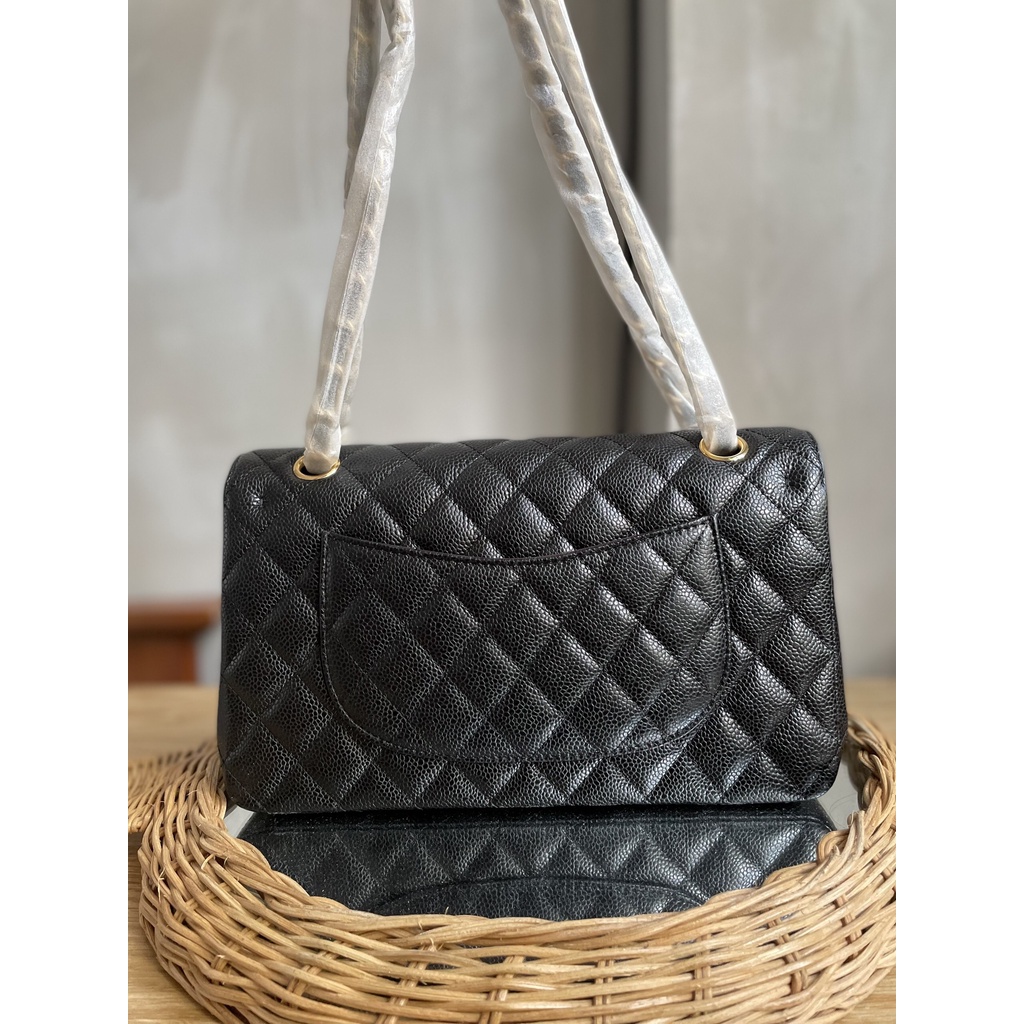 Túi Classic da hạt nắp gập khóa vàng màu đen size 26cm