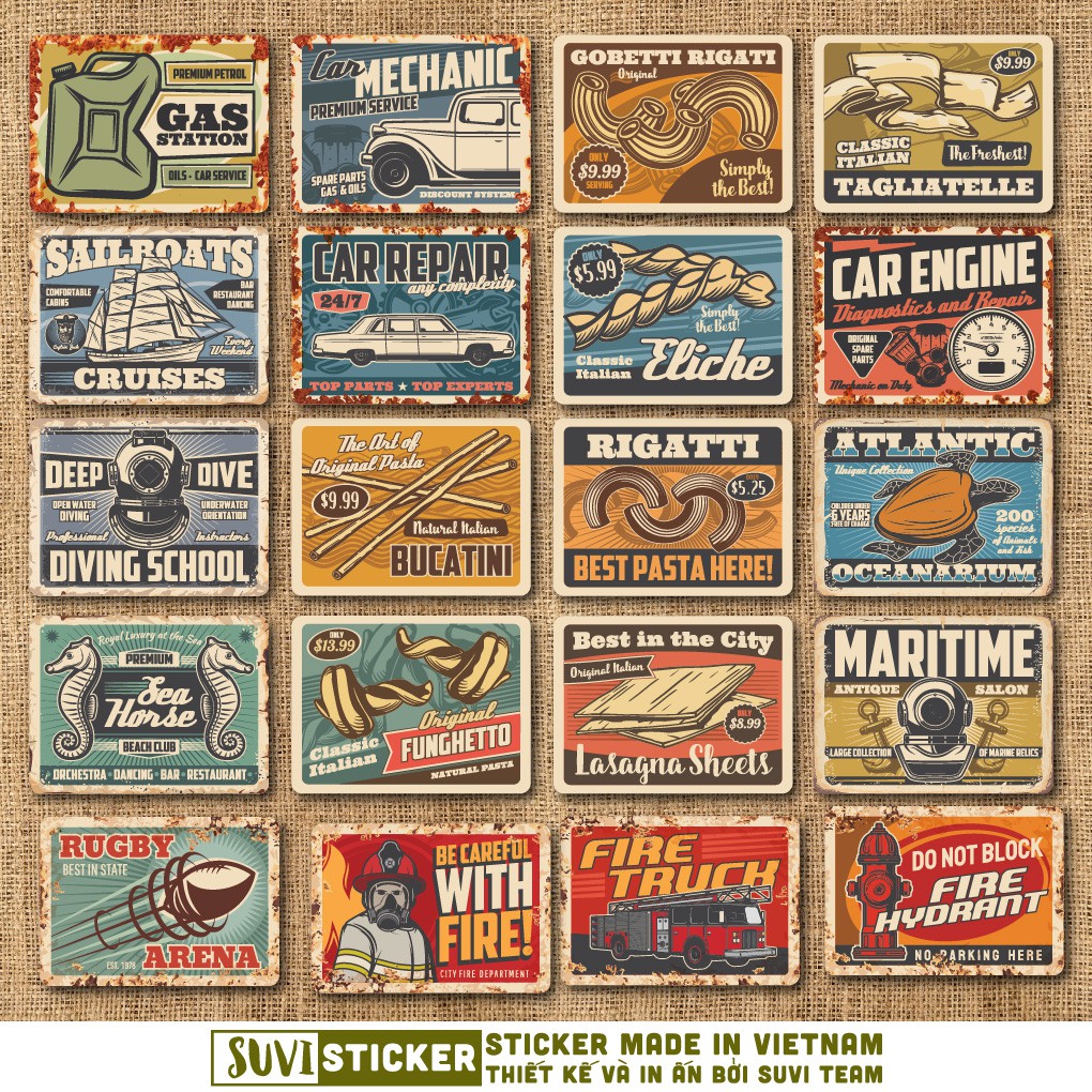 50 Sticker Vintage Metal chống nước sticker dán laptop, điện thoại, đàn guitar, mũ bảo hiểm, vali. MSP: VR18
