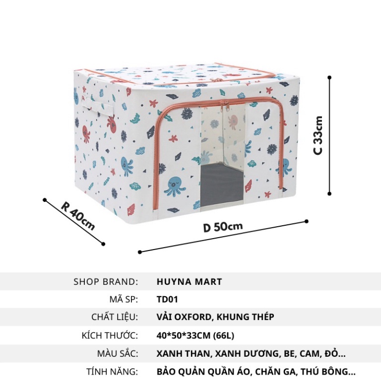 Túi Đựng Quần Áo Chăn Màn Khung Thép Vải Oxford Cỡ Lớn 66L, Thùng Vải Đựng Quần Áo 100-135L Gấp Gọn Tiện Lợi