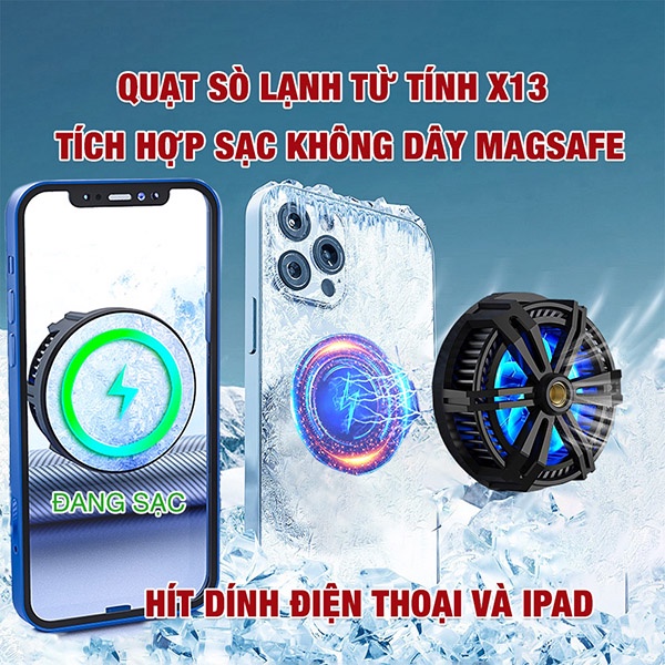 Quạt Tản Nhiệt sò lạnh, Sò Lạnh X13 Tản Nhiệt điện thoại Hút Nam Châm Tích Hợp Sạc Không Dây 15W, Mặt Silicon Chống Xước