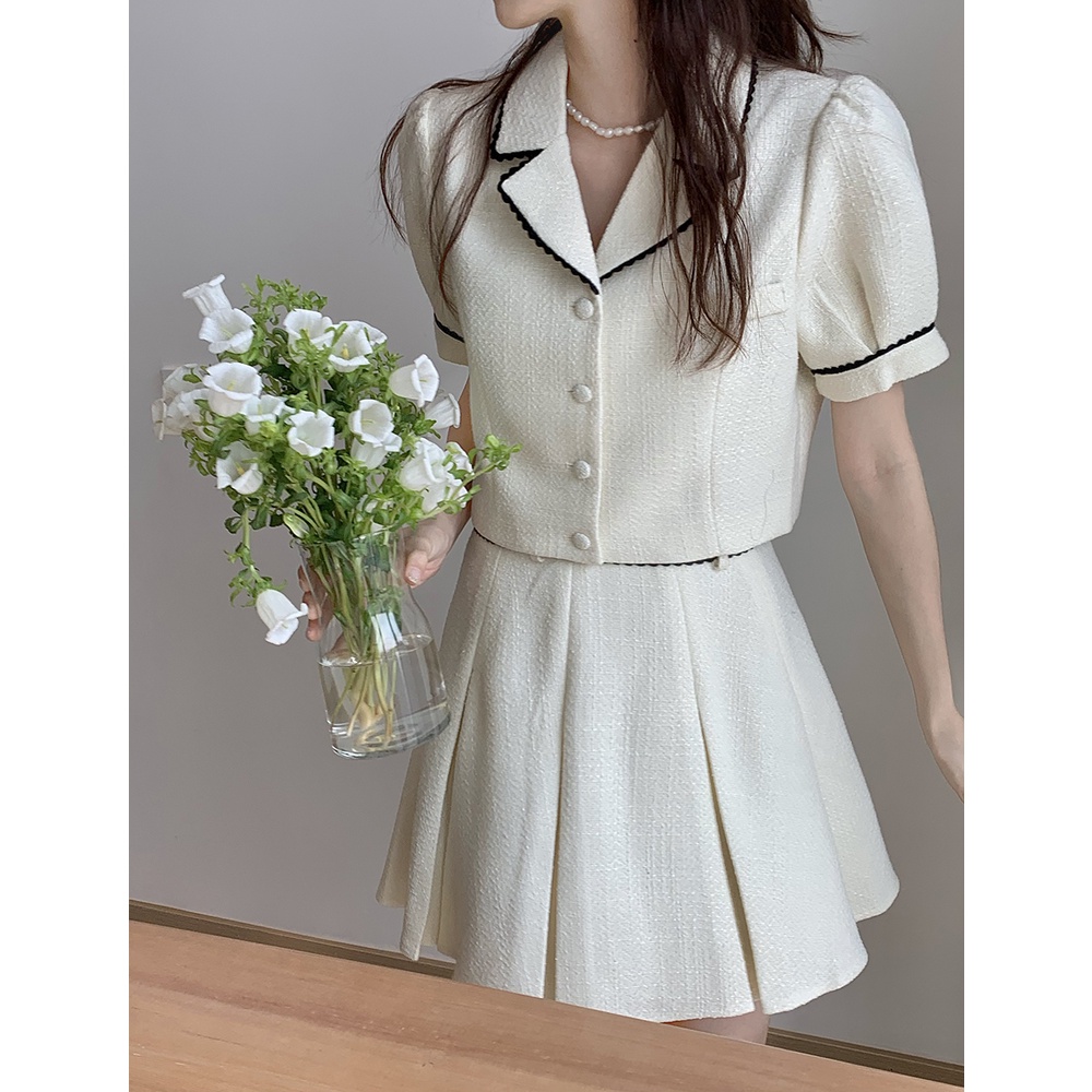 Set áo tweed ngắn tay mix chân váy xoè basic năng động