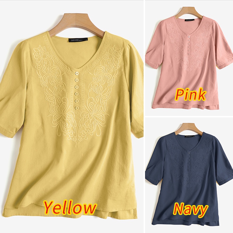 Áo kiểu Zanzea tay ngắn thêu hoa phong cách vintage cho nữ