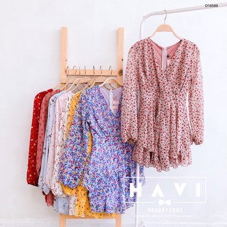 Jumsuit hoa cổ V tầng có dây buộc eo