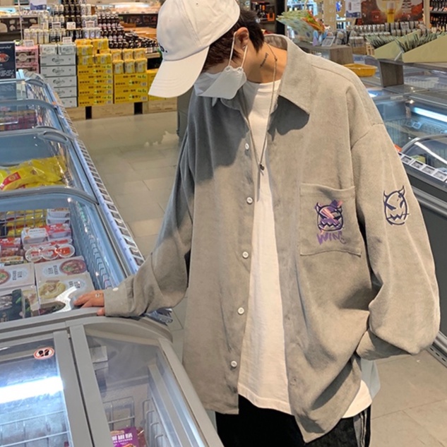 in Bình thường Áo khoác sơ mi Sự đơn giả tạo chiều rộng trong họa tiết cá tính thời trang hàn quốc cho nam cặ đôi áo sơ mi khuôn viên Bình thường áo sơ mi nam nhung tăm fresh from rộng áo sơ mi nam unisex