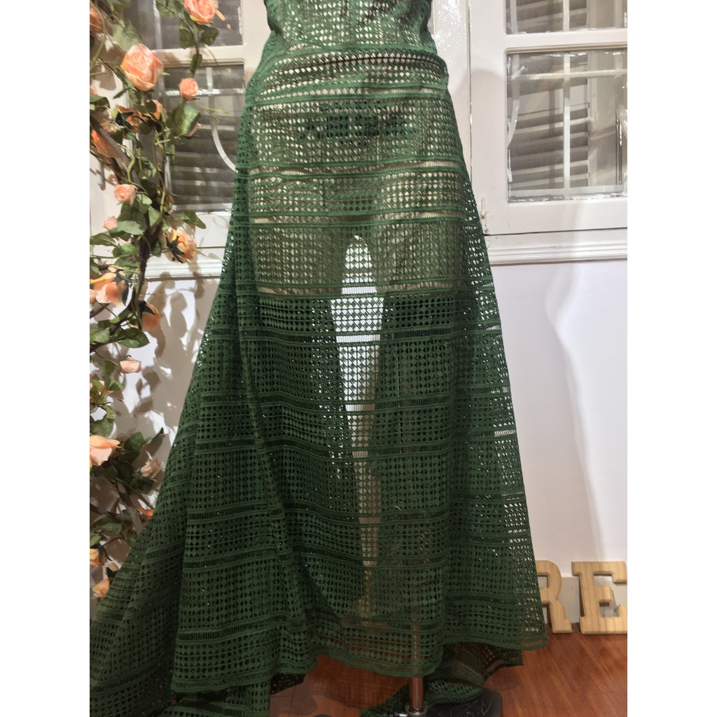 Ren thêu chỉ màu xanh rêu khổ 1,3m dùng may váy đầm thời trang, làm đồ decor trang trí