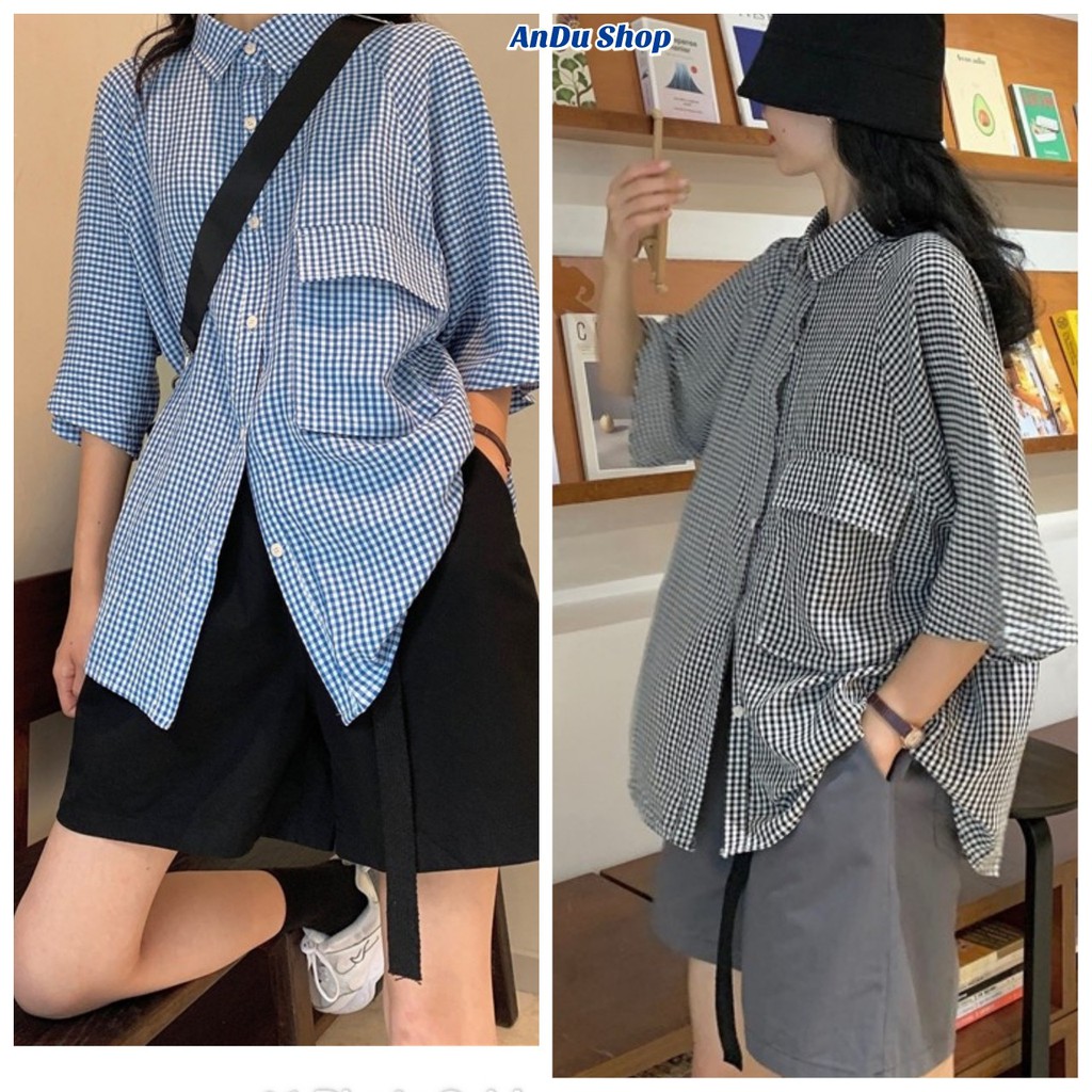 [Mã FAMAYMA2 giảm 10K đơn 50K] Áo sơ mi nữ tay ngắn unisex form rộng kẻ caro 1 túi 2 màu ,áo sơ mi nữ kẻ caro chất đẹp | BigBuy360 - bigbuy360.vn