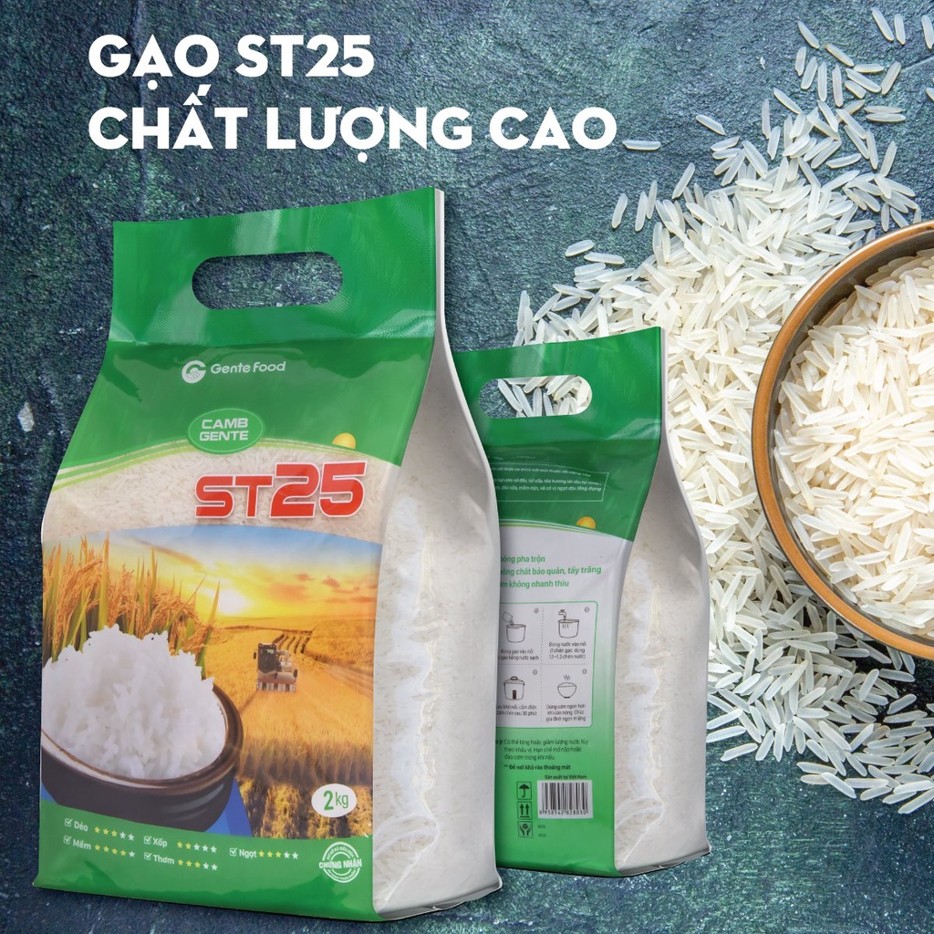 Gạo ST25 | CHÍNH HÃNG |Gente Food Túi 2kg Thơm, Dẻo, Ngon Cơm