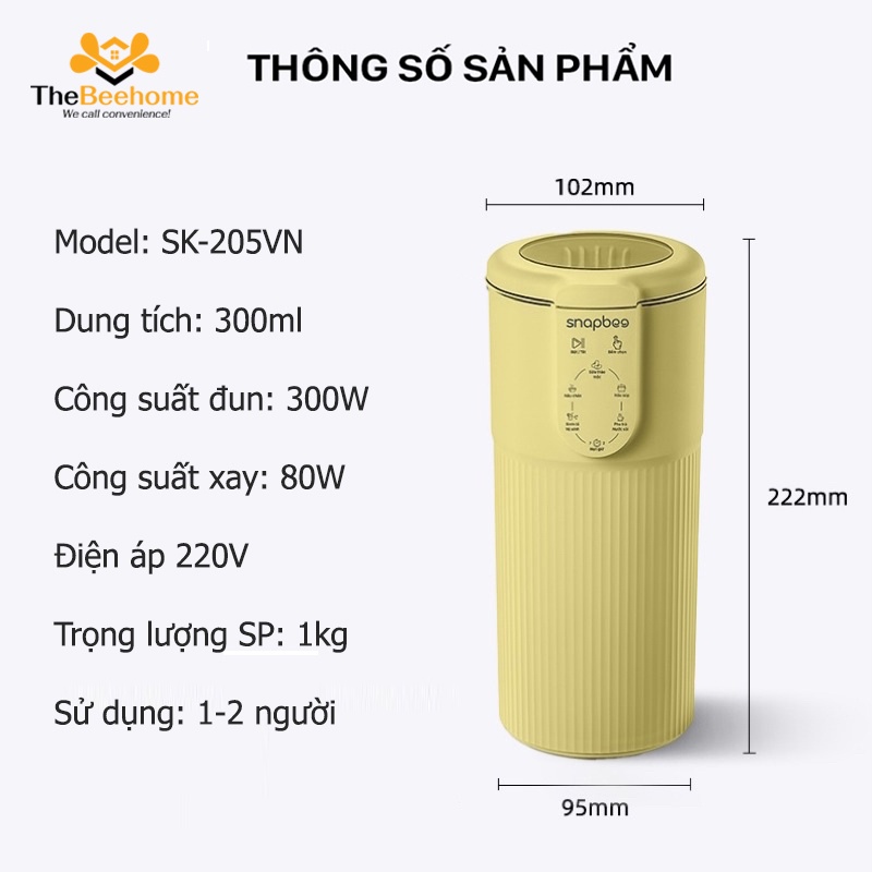 Máy làm sữa hạt mini Snapbee SK-205VN - Làm sửa đậu nành, xay sinh tố, ngủ cốc, nấu cháo, soup cho bé - BH 24 THÁNG